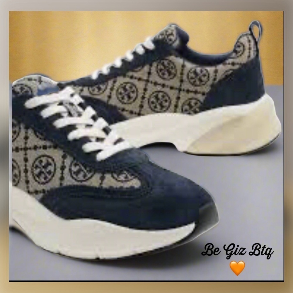 🔥🔥Authentic Tory Burch T Monogram Good Luck Sneakers M Navy Blue Monogram Size11